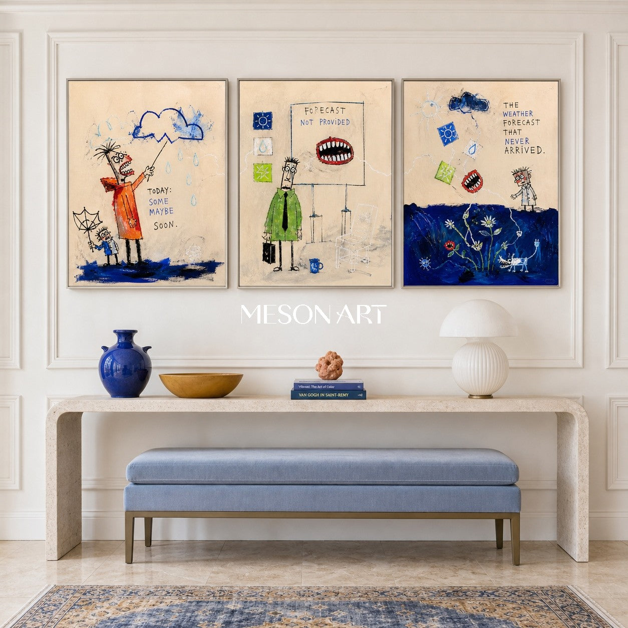 Blue Beige Graffiti Narrative Figurative Cartoon Weather Rectangular Wall Art Original Artist Hand Painted By Mesonart