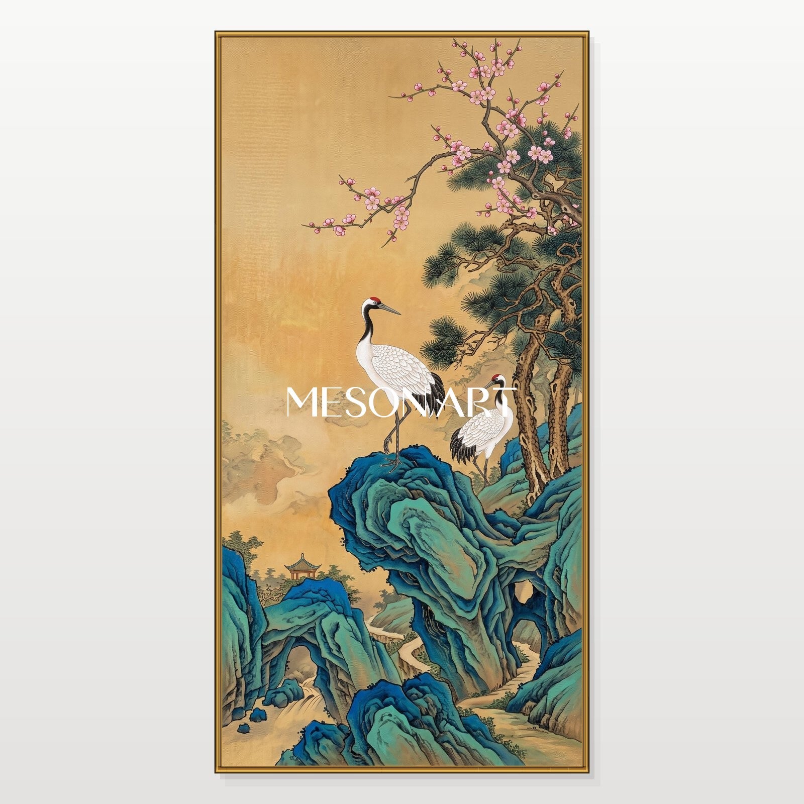 Gold And Blue Gongbi Painting Panoramic Bird And Blossom Art Asian Wall Decor By Mesonart