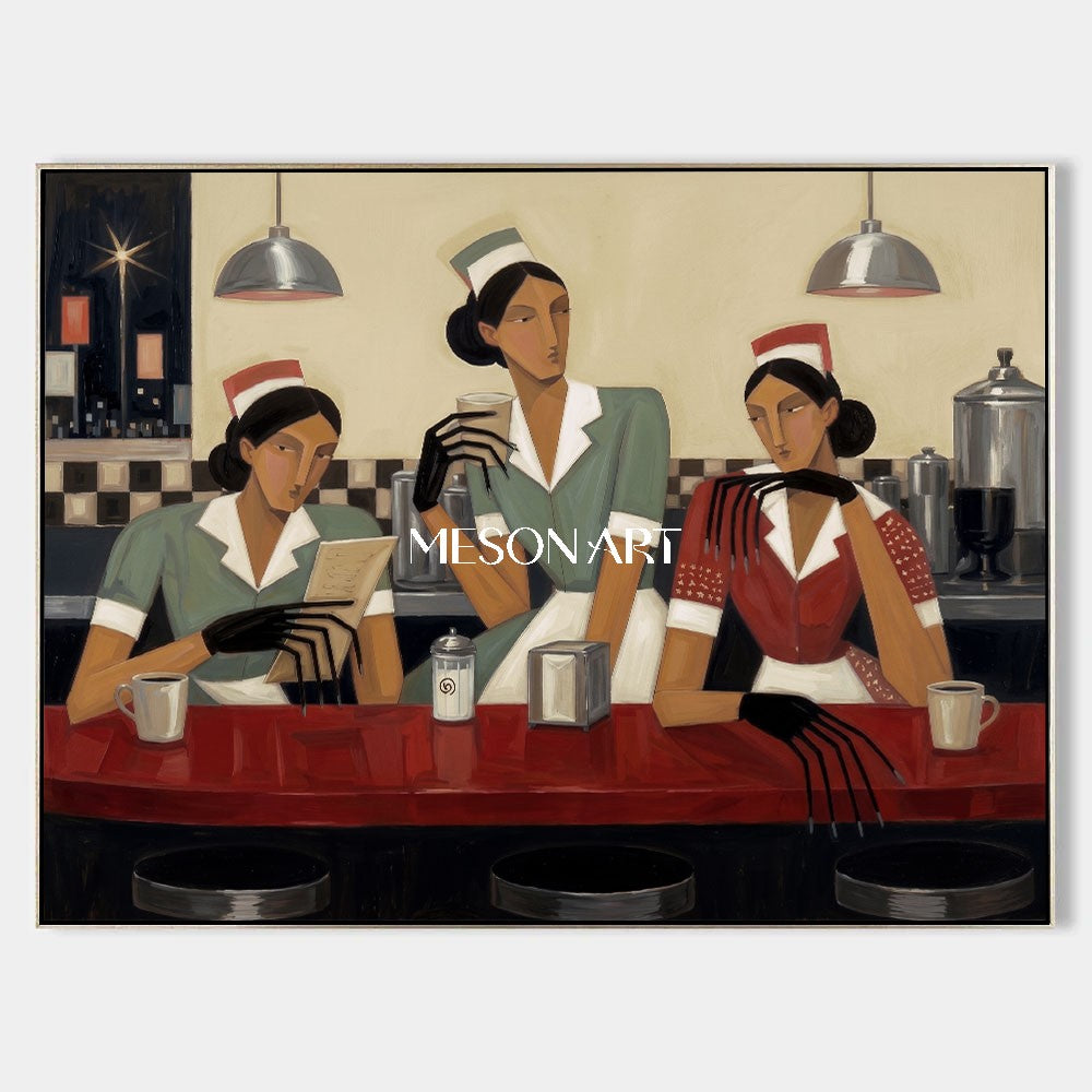 Art Deco Figurative Painting With Geometric People For Modern Living Room And Dining Room Decor
