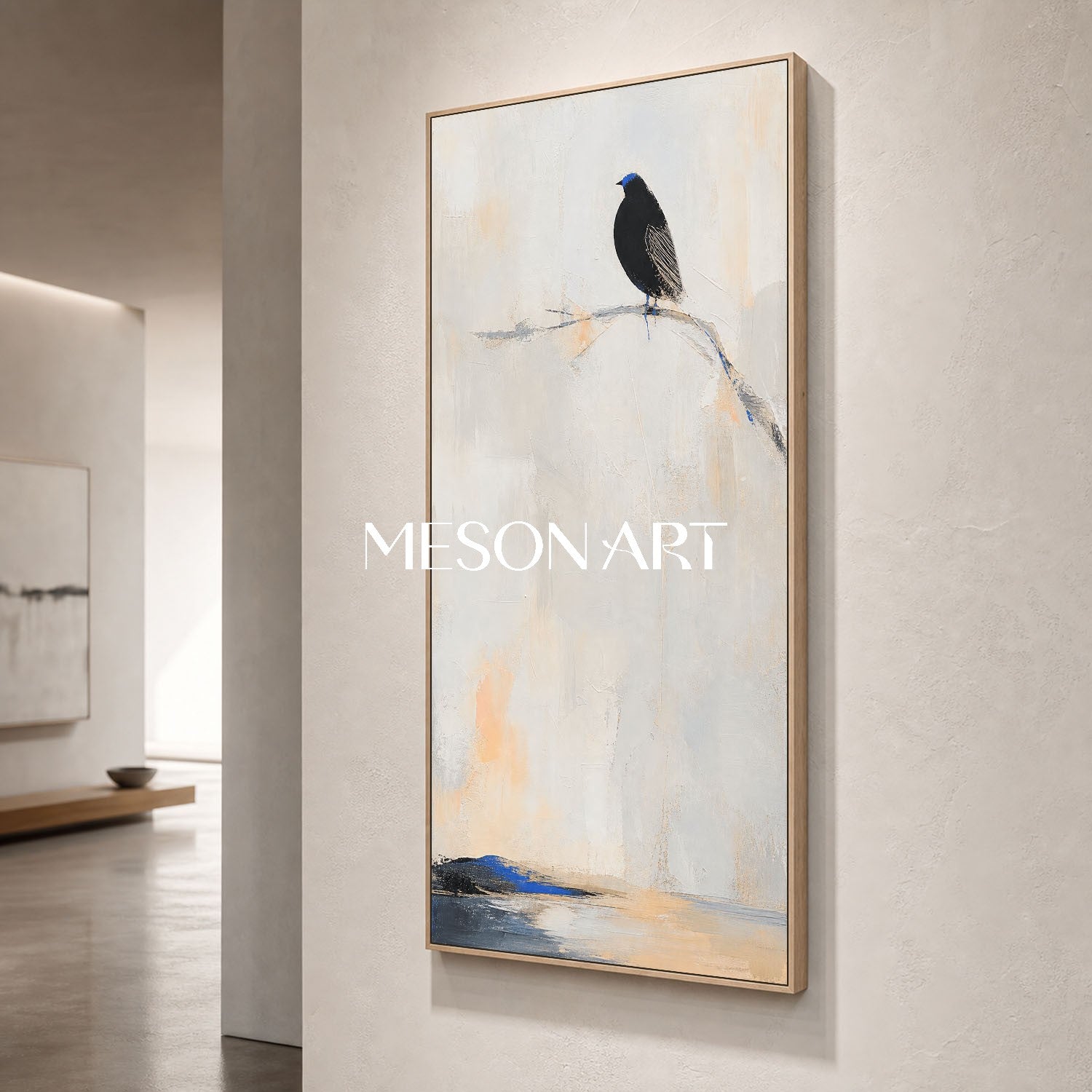 Minimalist Black Bird Painting With Blue Accent For Serene Home Decor