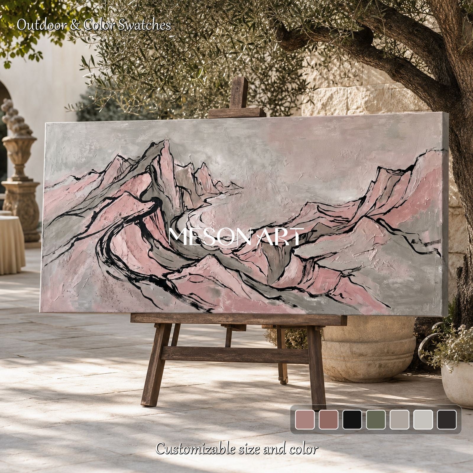 Large Pink And Black Abstract Mountain Wall Art For Modern Living Room Decor