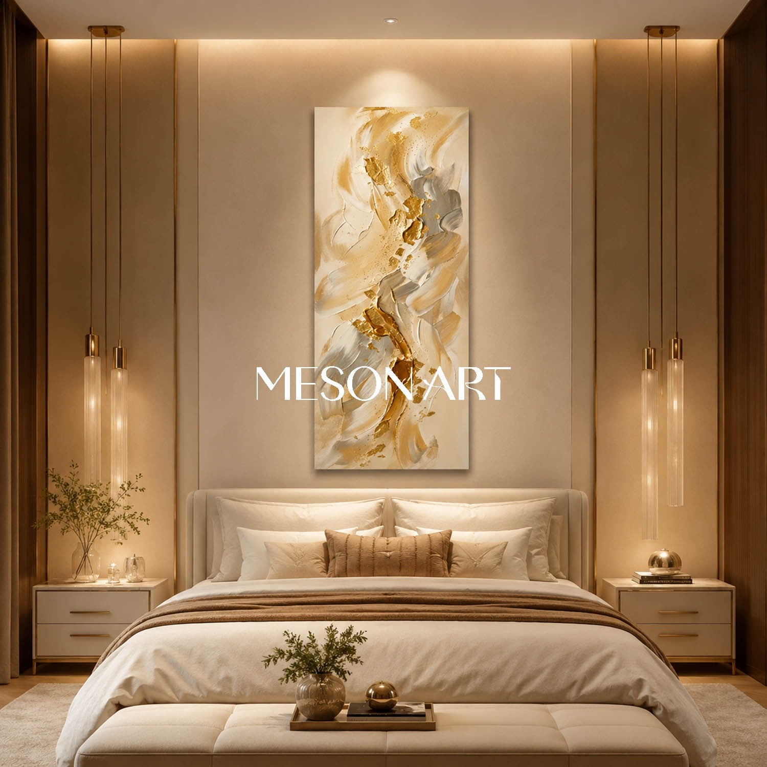 Gilded Fluid Harmony Abstract Painting With Gold Leaf For Modern Living Room Entryway Decor