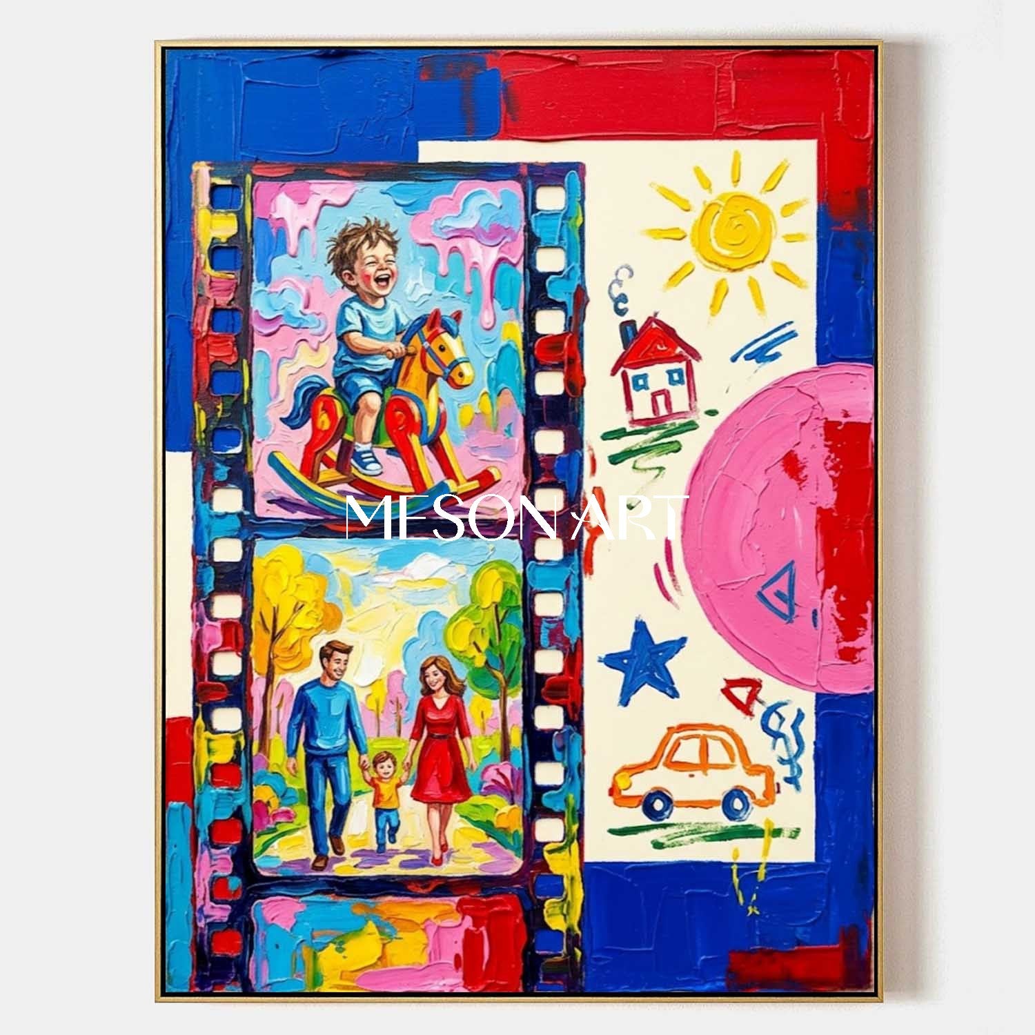 Vibrant Family Portrait Pop Art Painting With Film Strip Design For Kids Room Decor