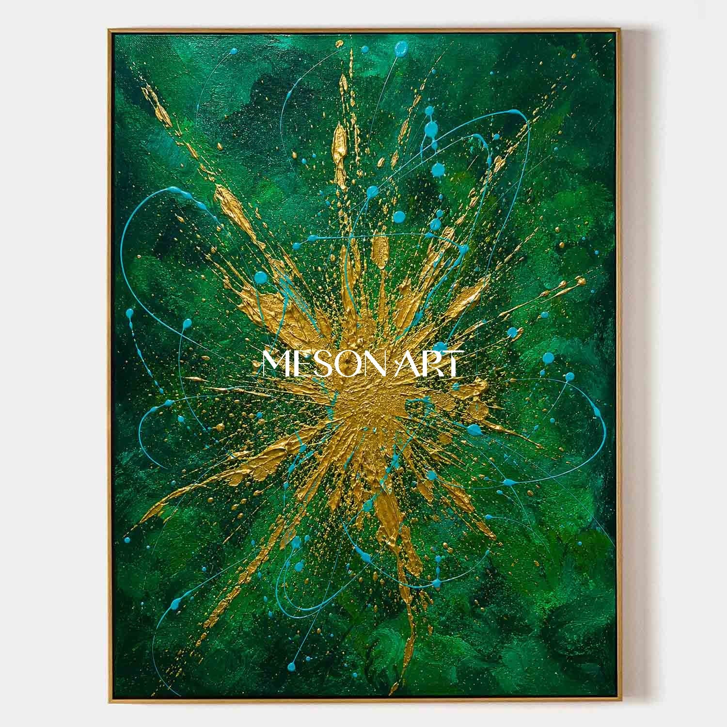 Emerald Green And Gold Abstract Painting With Textured Relief For Modern Living Room Decor