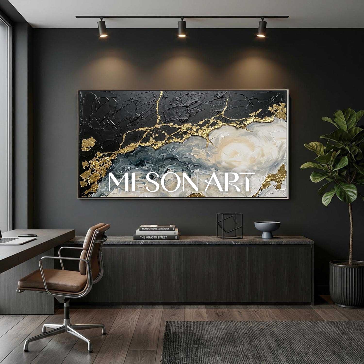 Large Black And Gold Abstract Painting With Plaster Texture For Modern Living Room Decor