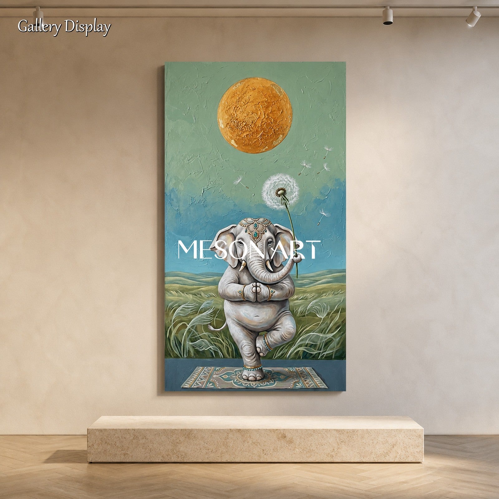 Green And Gold Surrealist Painting Yoga Elephant Original Artist Panoramic Wall Art For Living Room By Mesonart