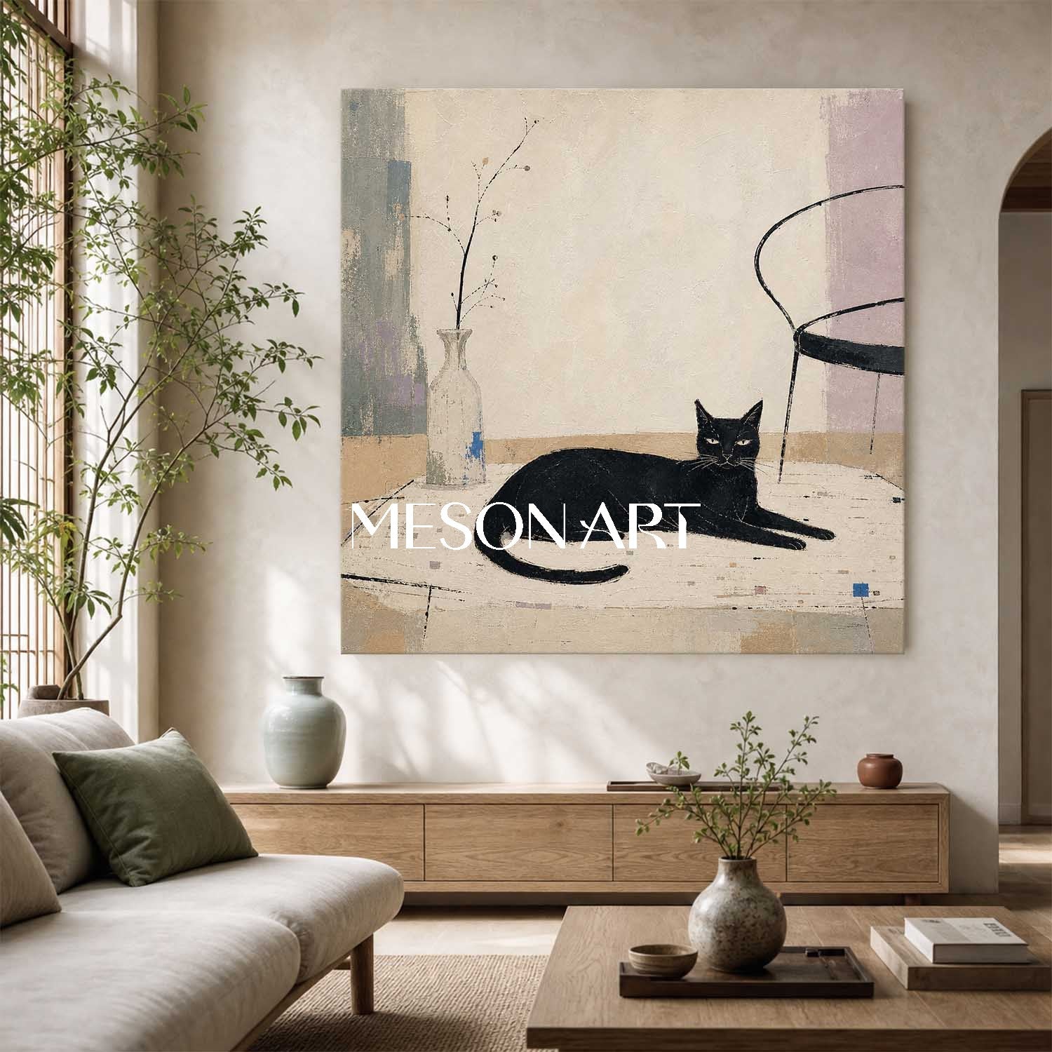 Minimalist Black Cat Painting With Still Life Elements For Modern Home Decor