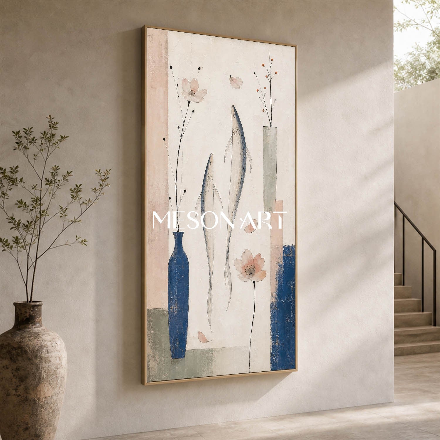 Elegant Blue Floral Art For Living Room Entryway With Art Deco Style