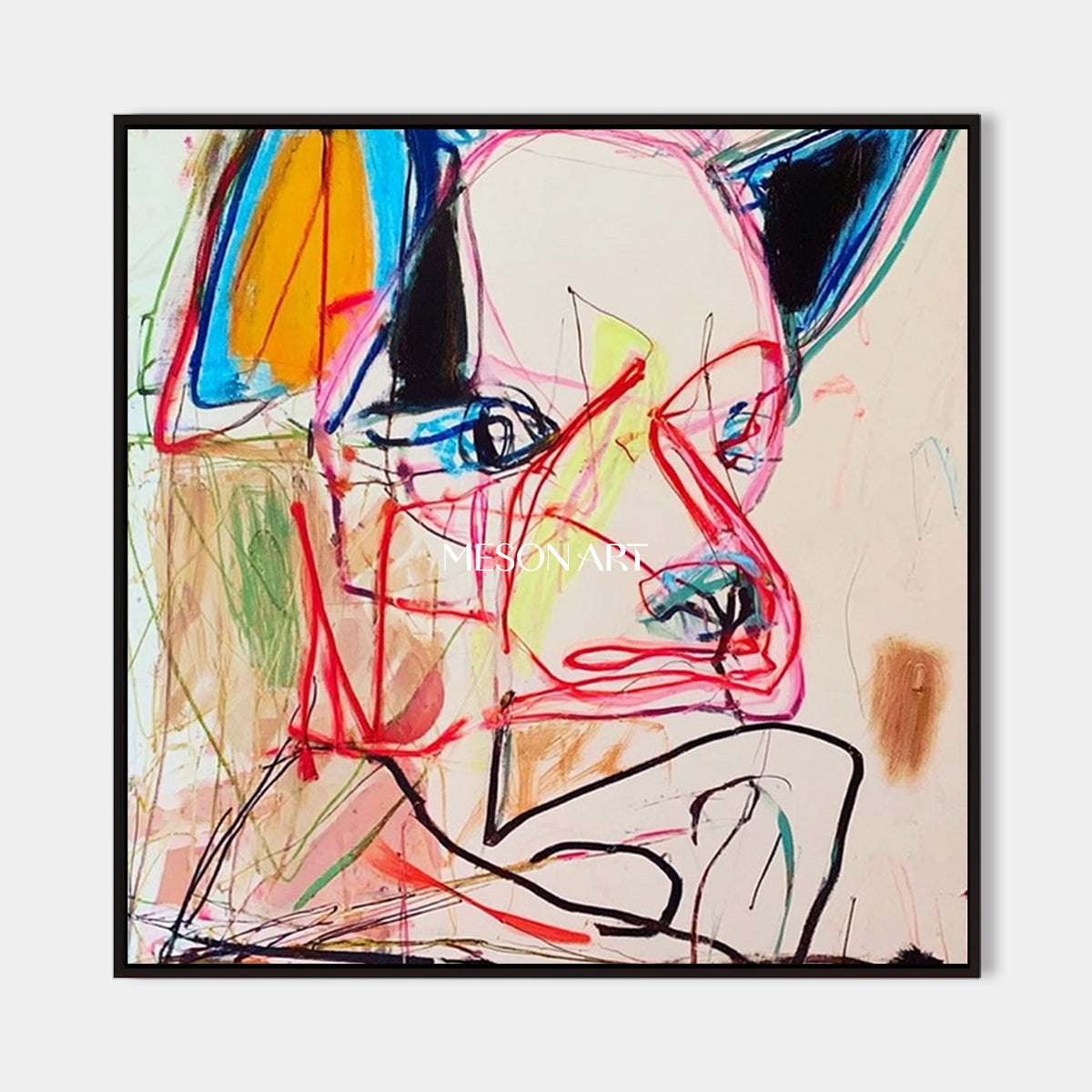 Rote und blaue Graffiti-Graffiti: expressionistisches, abstraktes Porträt als quadratisches Wandbild für das Wohnzimmer von Mesonart