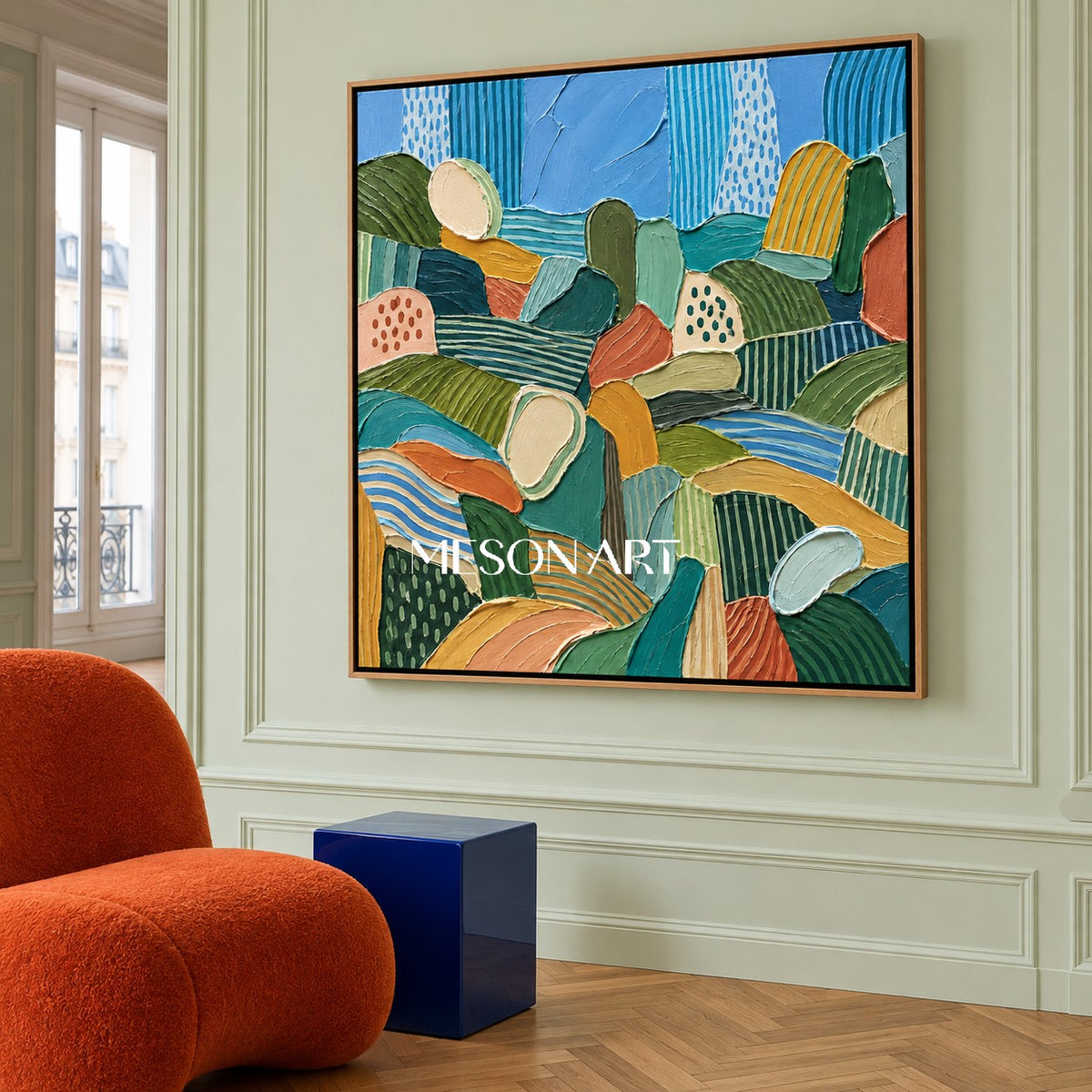 Blue And Green Abstract Landscape Painting Square Wall Art For Living Room By Mesonart