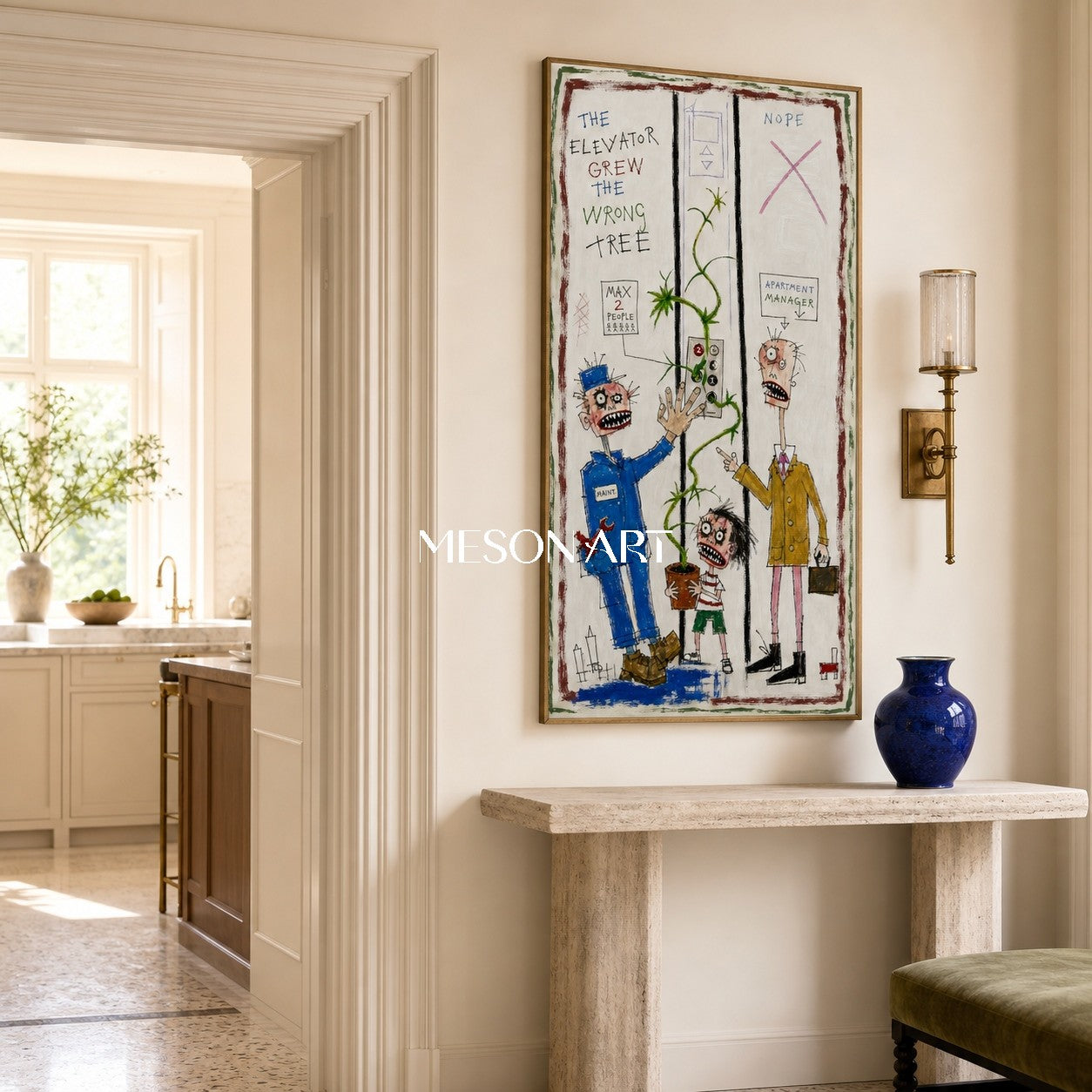 White And Blue Graffiti Surreal Figurative Cartoon Panoramic Wall Art For Living Room By Mesonart