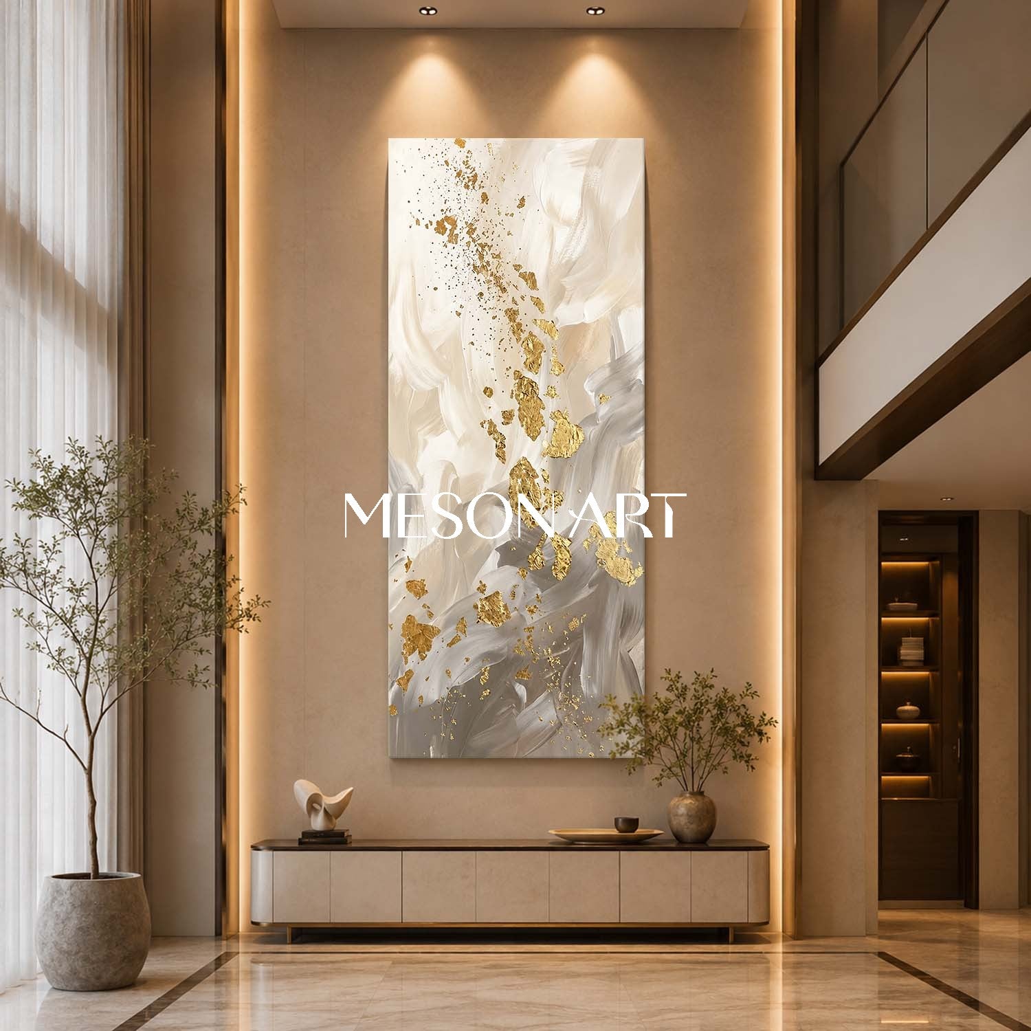 Luxury Abstract Gold Leaf Painting Beige Modern Wall Art For Living Room
