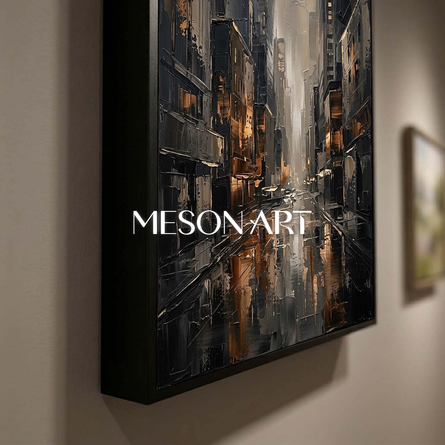 Abstract City Painting With Plaster Texture For Industrial Loft Living Room And Home Office Decor