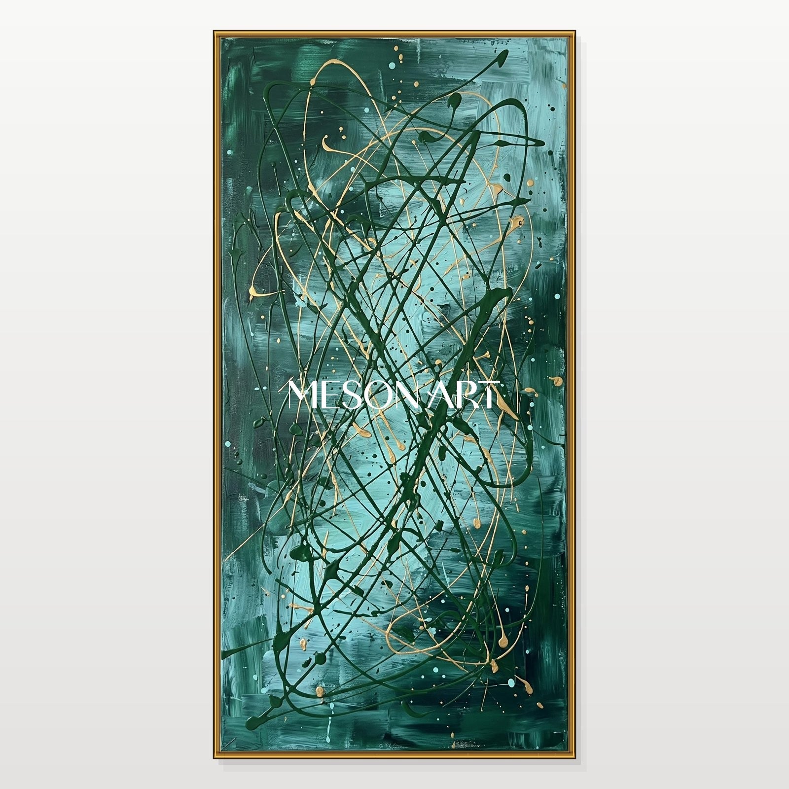 Green And Gold Jackson Pollock Inspired Abstract Expressionism Painting Panoramic Wall Art For Living Room By Mesonart