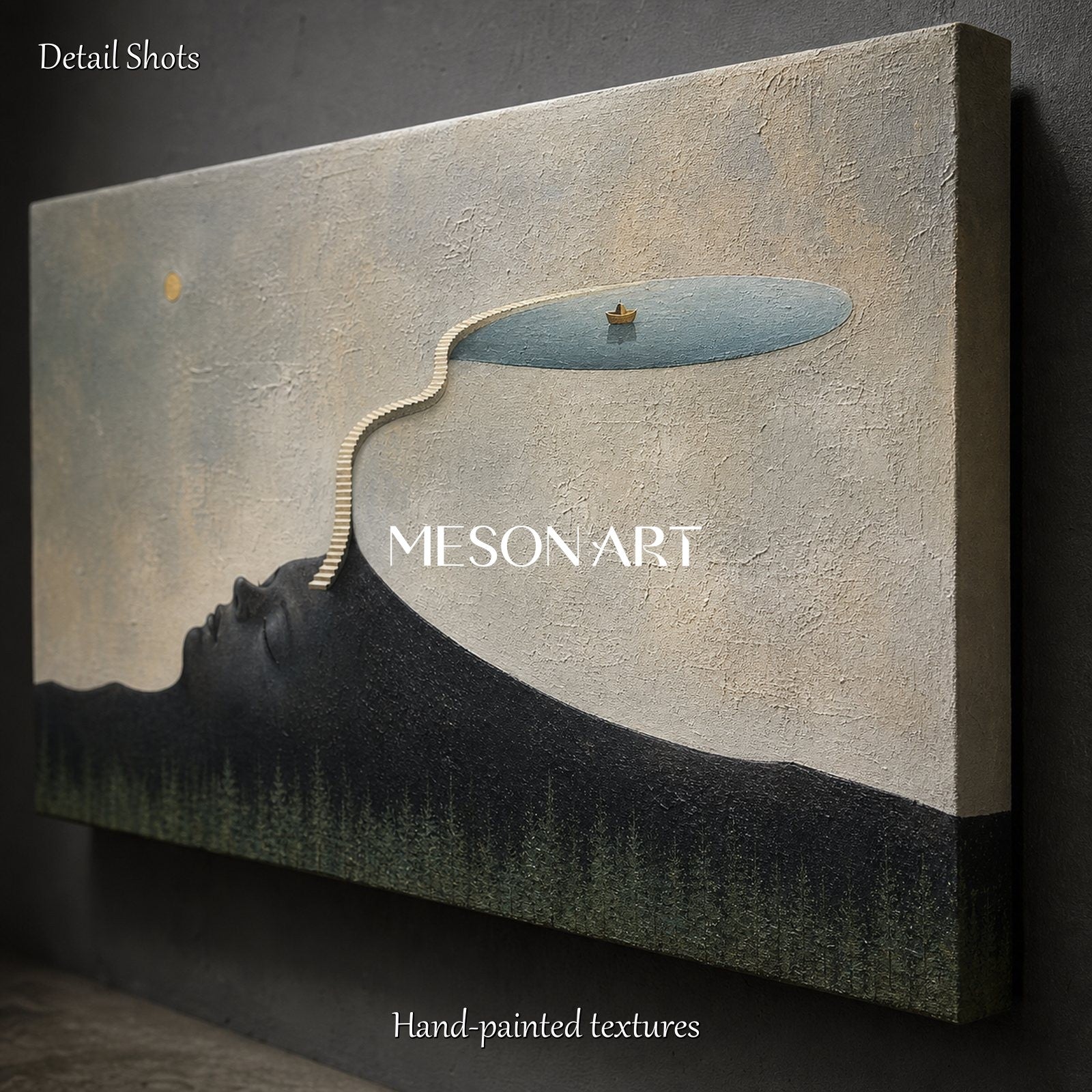 Surrealist Art Painting With Golden Accents For Modern Living Room And Executive Office Decor