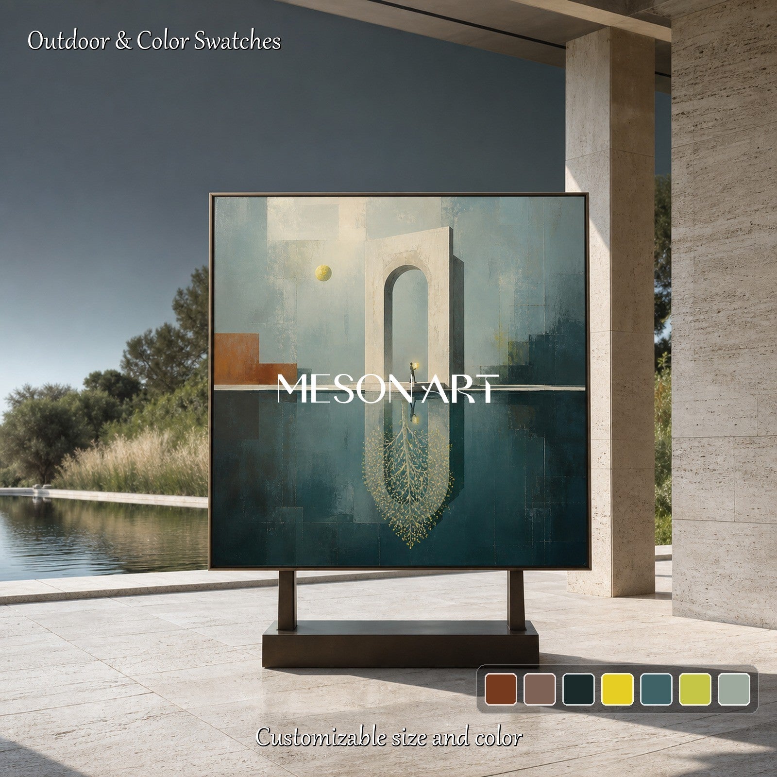 Surrealist Architecture Painting With Golden Accents For Art Deco Interior Design