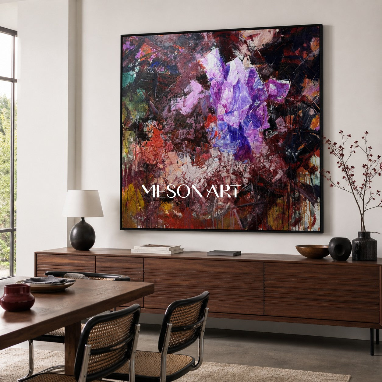 Original Purple Crystal Painting, Heavy Texture Abstract Canvas, Luxury Living Room Wall Decor, Modern Impasto Oil Artwork, Sculptural Strokes Art Piece, Expressionist Colorful Centerpiece, Large Framed Square Artwork, 3D Plaster Mineral Decor, High End Collector Artwork, Dark Red Background Contemporary Art.