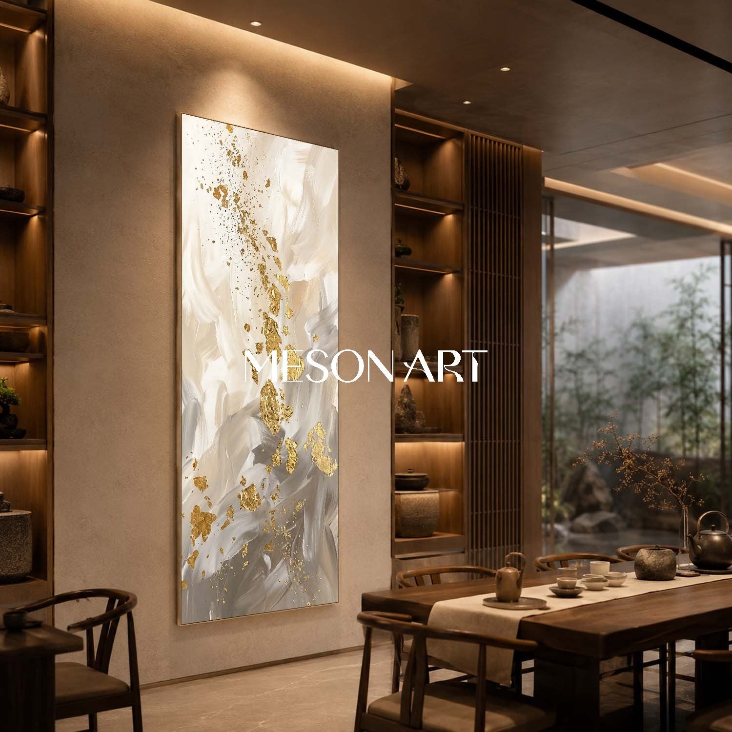 Luxury Abstract Gold Leaf Painting Beige Modern Wall Art For Living Room
