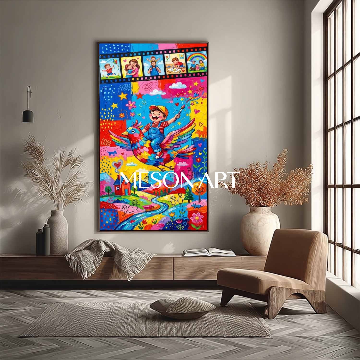 Colorful Surrealist Painting Of Boy On Bird For Kids Room Wall Art