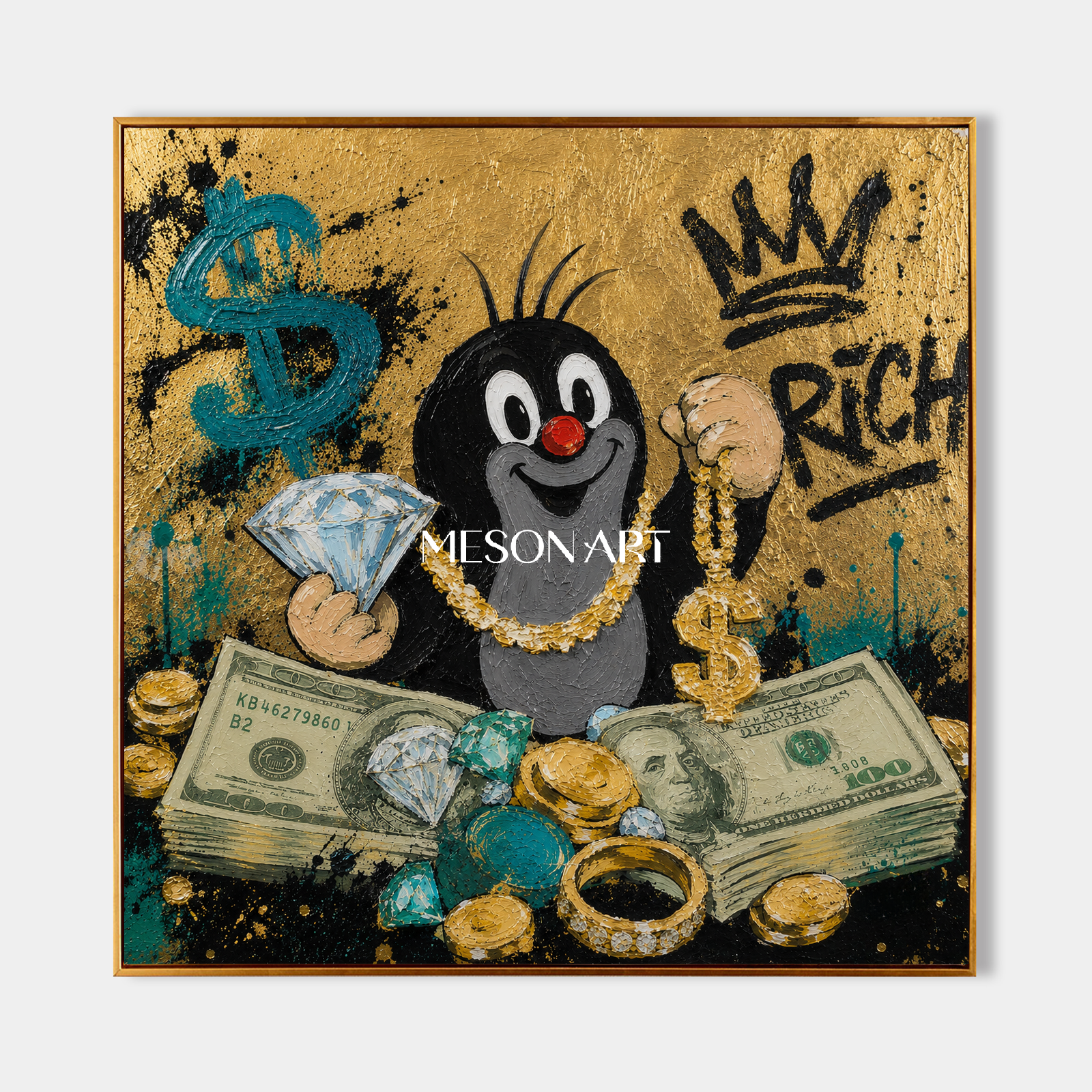 Luxury Pop Art Painting With Gold Texture And Cartoon Mole For Modern Living Room Decor