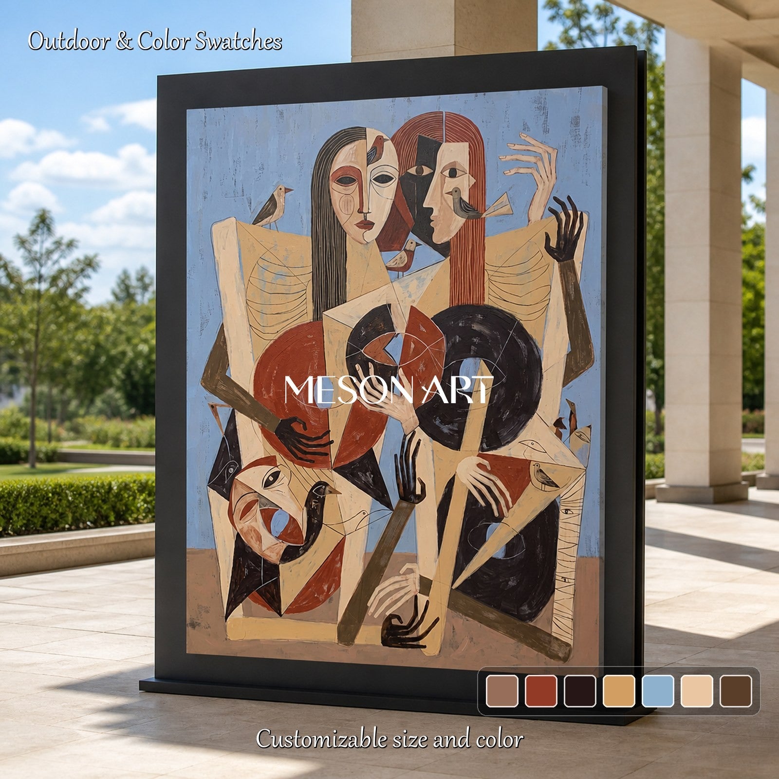 Beige And Blue Figurative Expressionist Art Rectangular Painting By Mesonart