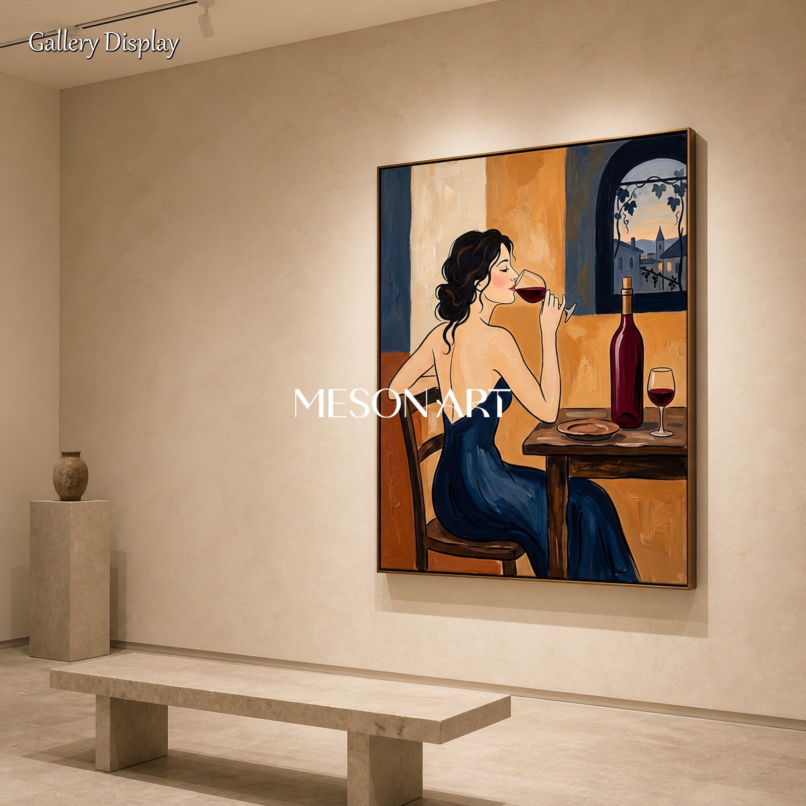 Blue And Brown Figurative Painting Original Contemporary Art Wine Tasting Scene Rectangular Wall Decor For Dining Room By Mesonart