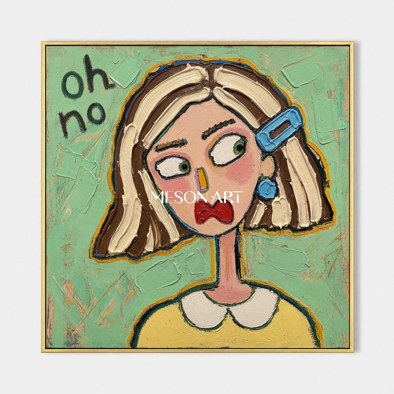 Colorful Pop Art Cartoon Portrait Painting With Textured Green Background For Modern Living Room Decor