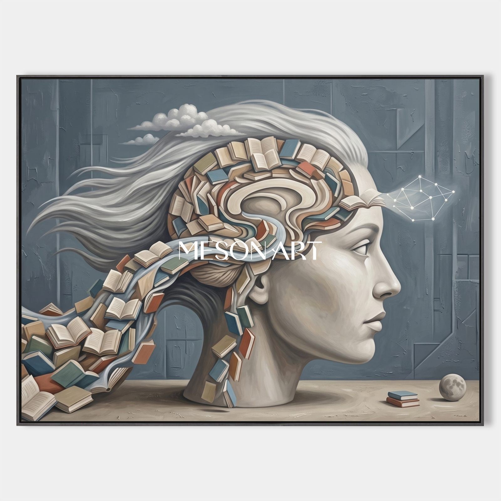 Surrealist Abstract Painting Of Mind And Books For Modern Home Office Decor