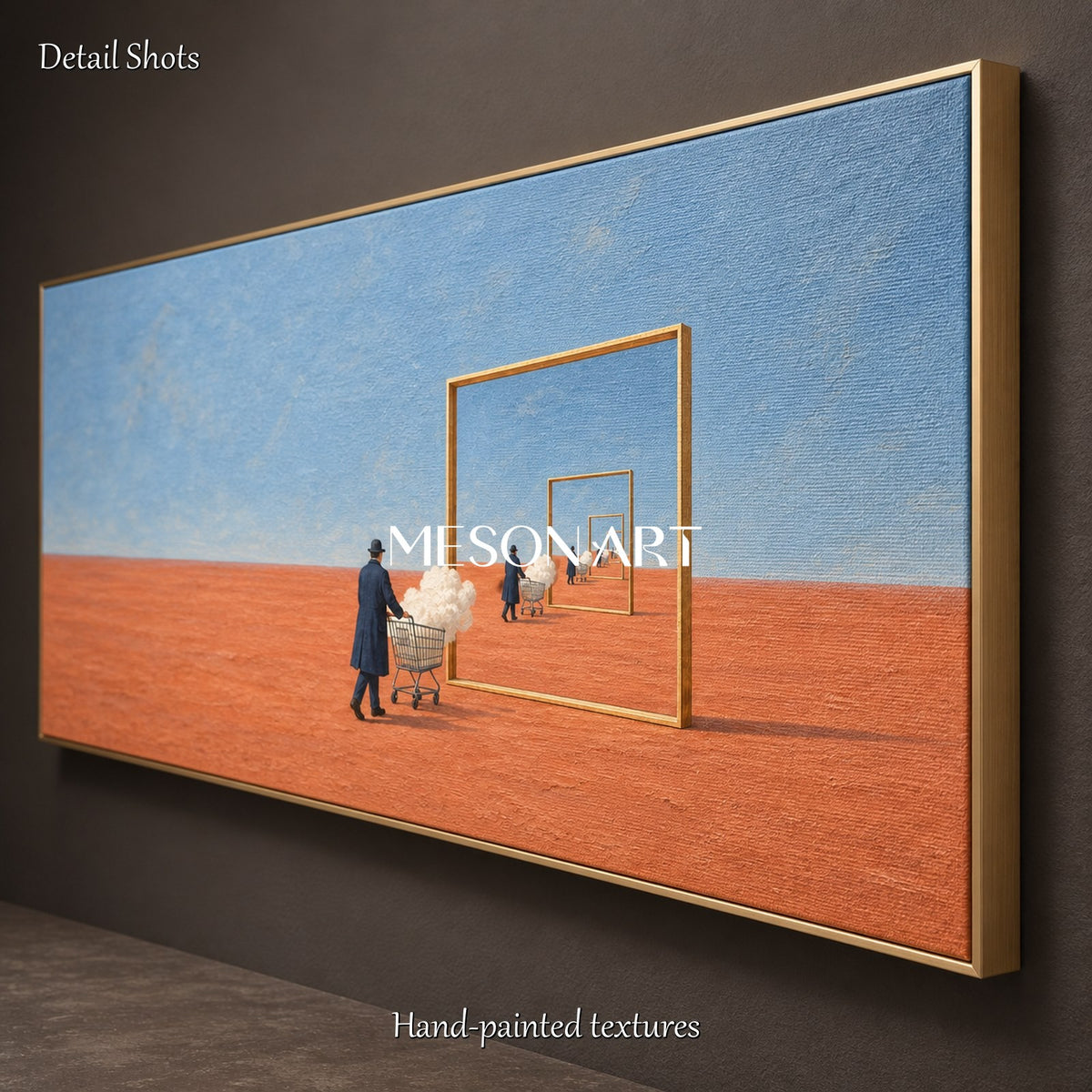 Dipinto astratto e surrealista su specchio nei toni del blu e del marrone – Grande opera d’arte panoramica da parete per il soggiorno, firmata Mesonart