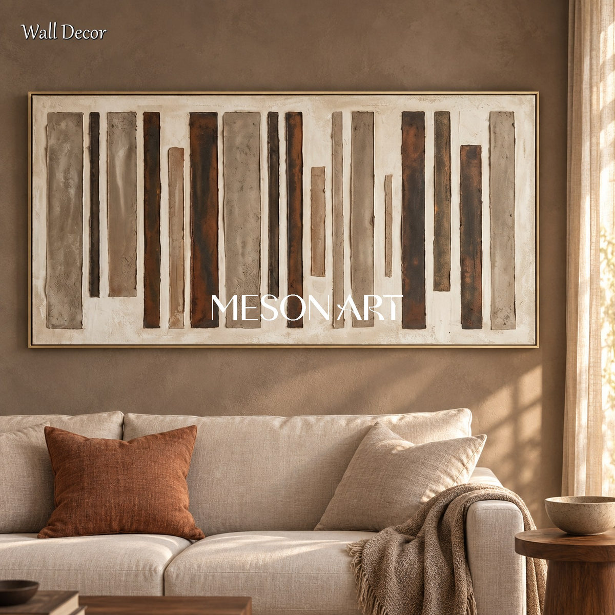 Beige And Brown Wabi-Sabi Panoramic Painting Large Abstract Wall Art For Living Room By Mesonart