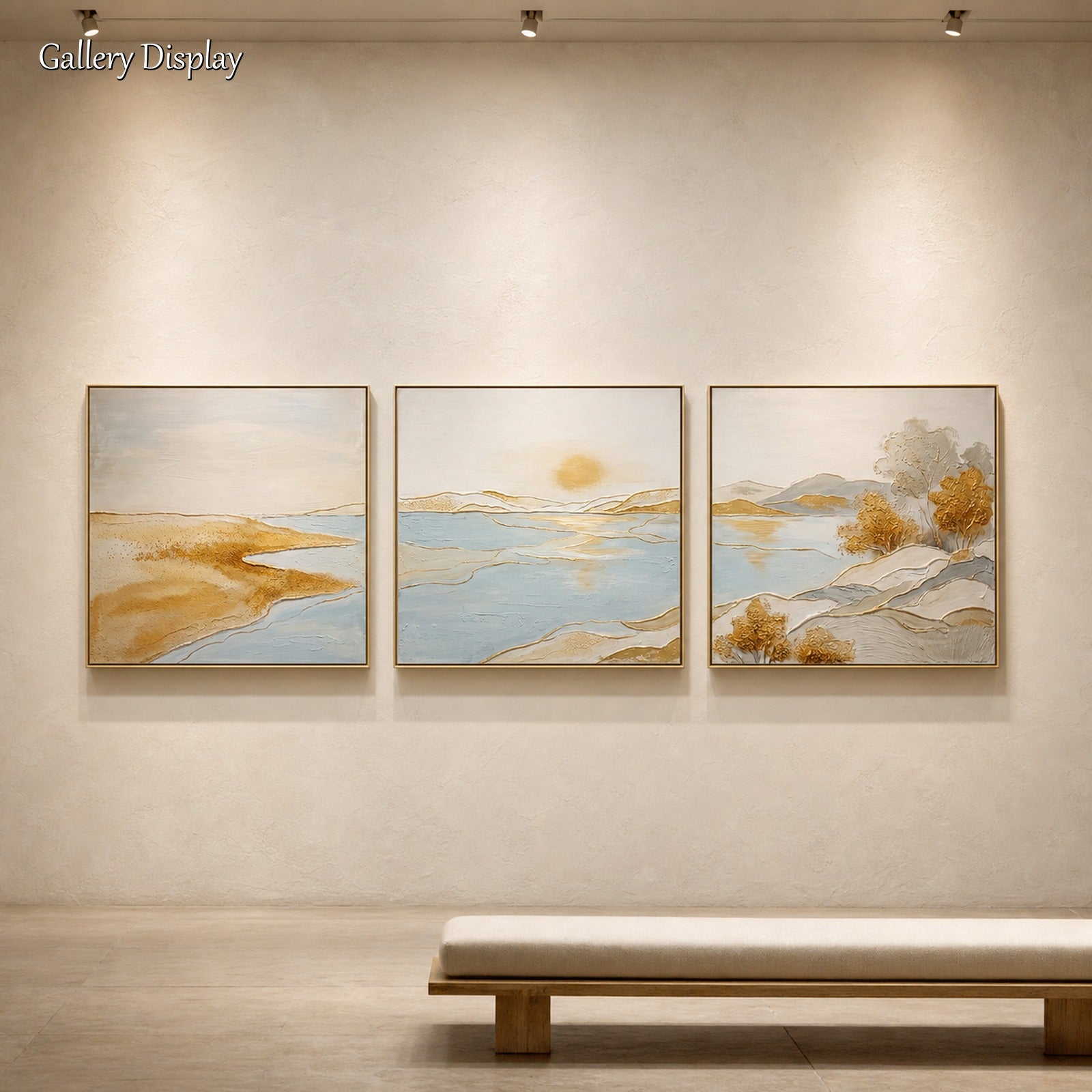 Trittico Art Déco raffigurante il paesaggio di Gold Lake, con pennellate delicate, per salotti moderni