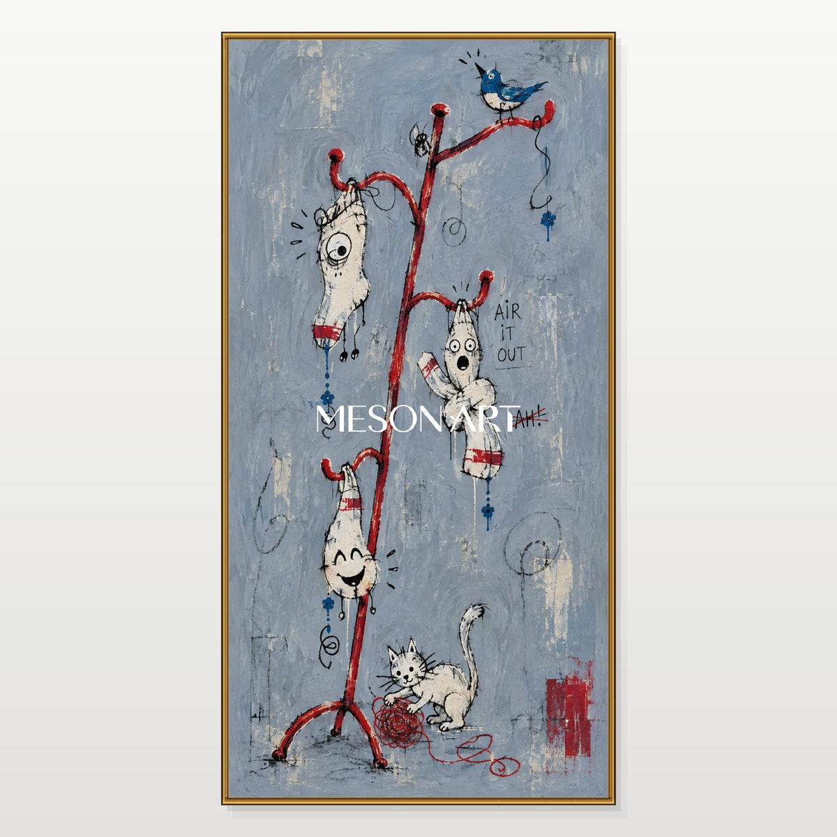 Blue And Red Modern Figurative Abstract Oil Painting Textured Canvas Hand Painted Art Panoramic Wall Decor By Mesonart