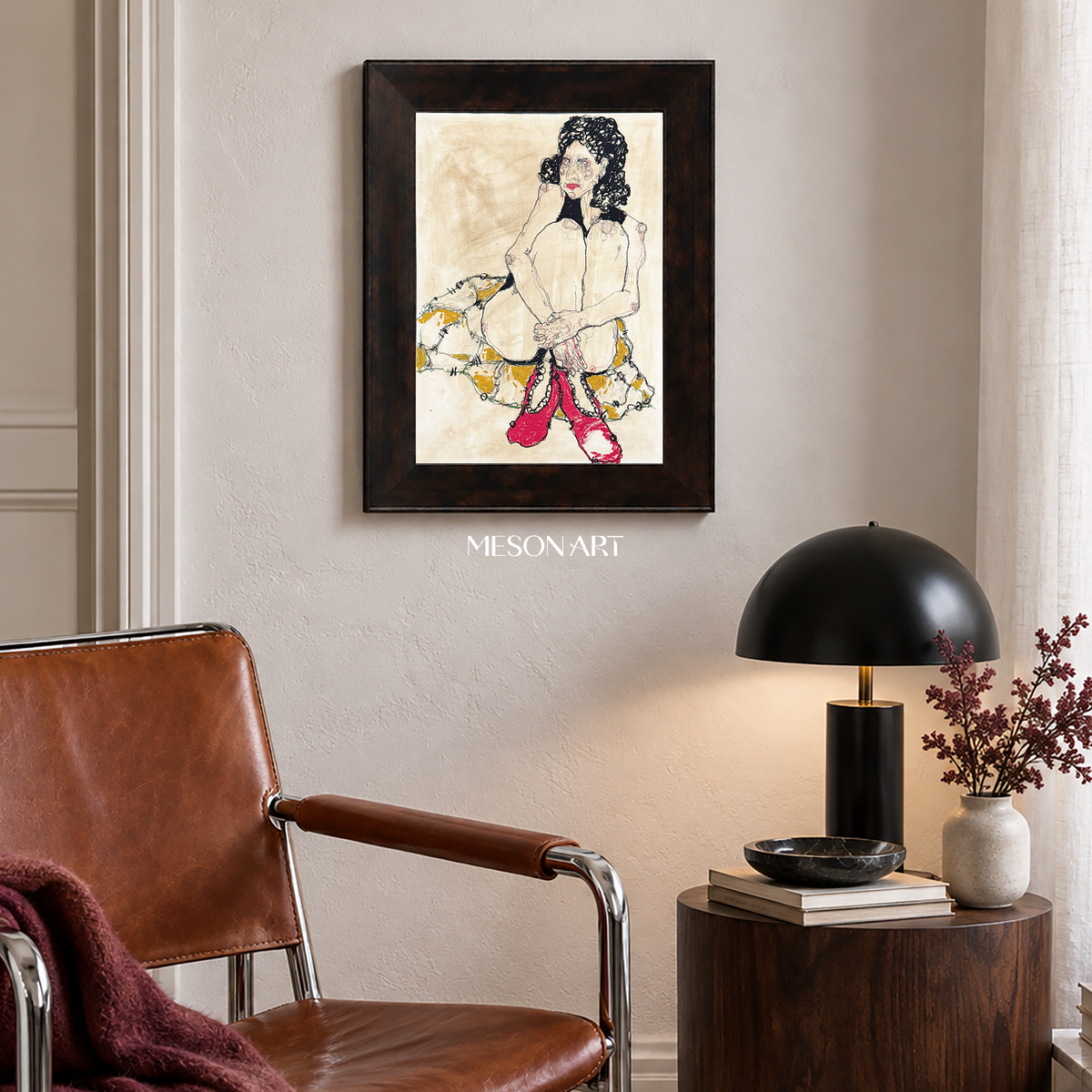 Beige And Red Abstract Figurative Painting Original Artist Hand Painted Rectangular Wall Art For Living Room By Mesonart