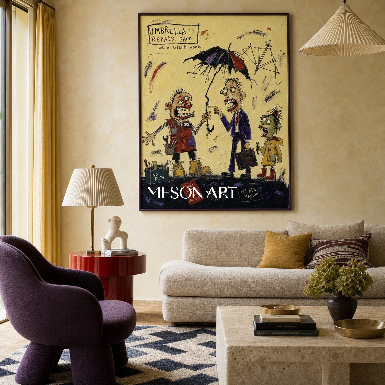 Yellow And Black Graffiti Figurative Art Contemporary Cartoon Rectangular Wall Decor For Living Room By Mesonart