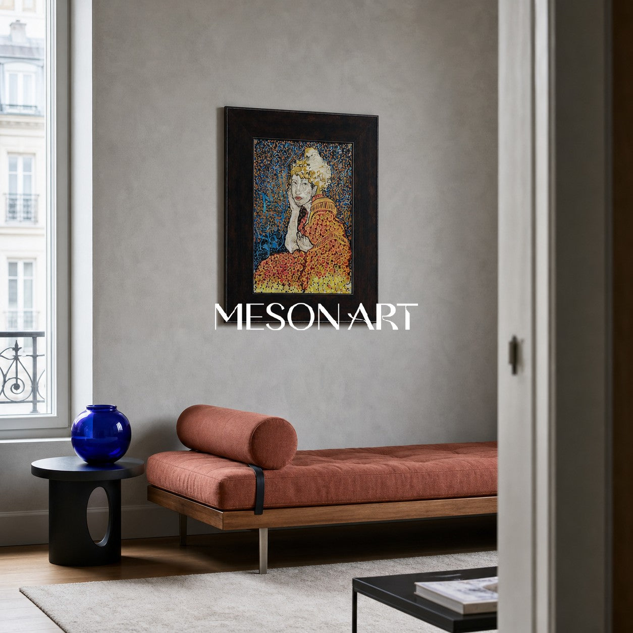 Art Deco Inspired Abstract Portrait Painting With Gold And Blue Tones For Modern Living Room Decor
