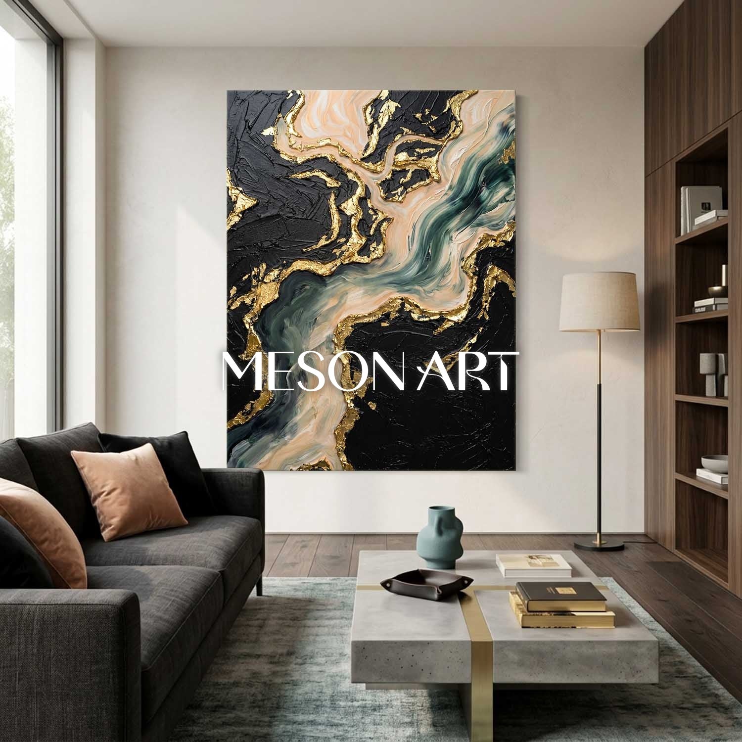 Luxury Abstract Seascape Painting With Gold Leaf Texture For Modern Living Room Decor