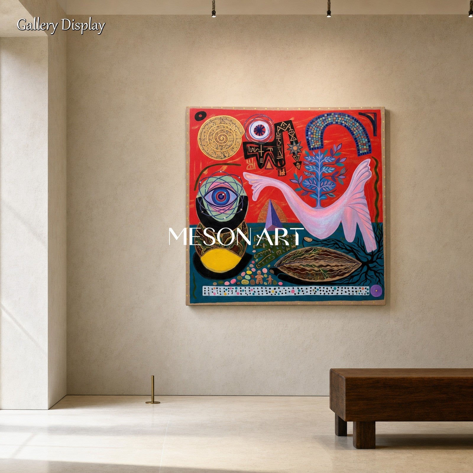 Abstract Surrealist Painting With Bold Red Blue Hues For Eclectic Living Room Decor