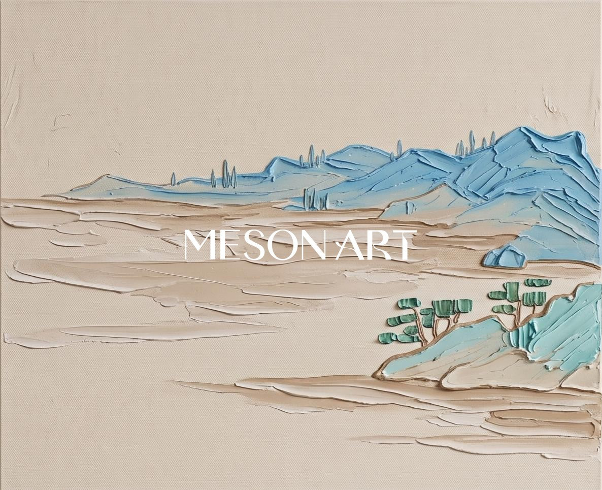 Beige And Blue Modern Impasto Mountain Painting Rectangular Wall Art For Living Room By Mesonart