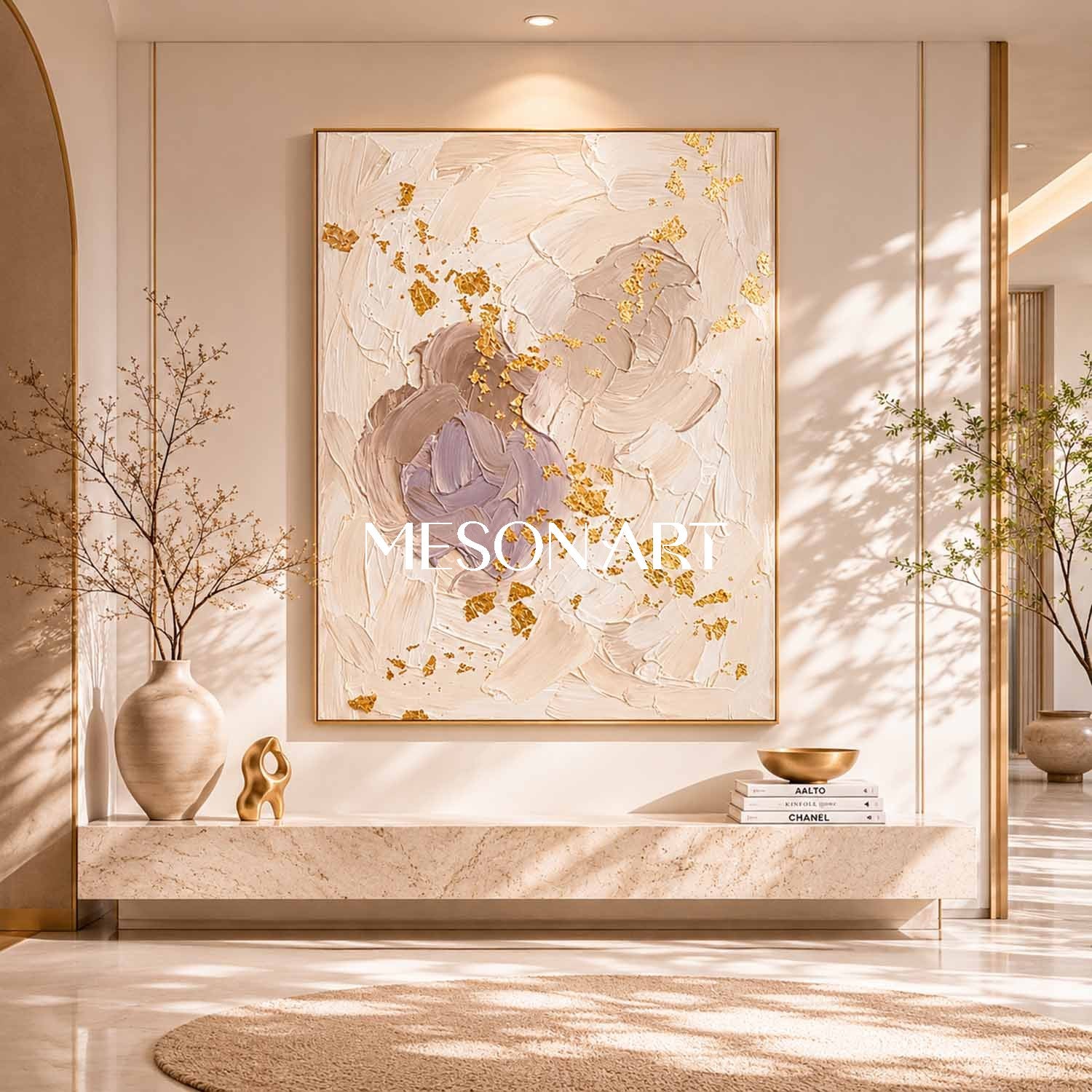 Luxury Gold Leaf Abstract Painting With Textured Impasto For Modern Home Decor