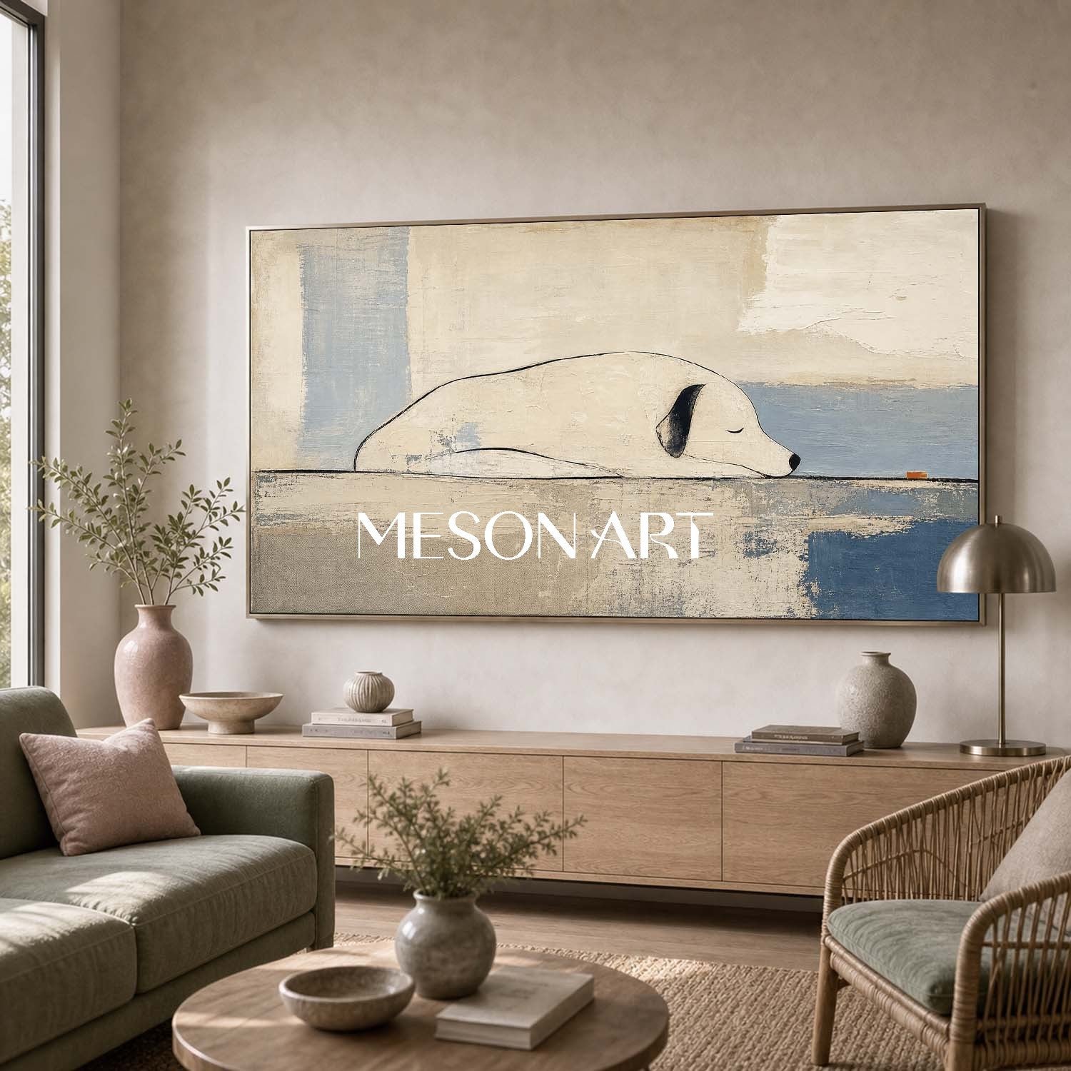 Minimalist Dog Canvas Art Beige And Blue Abstract Painting For Living Room And Bedroom Decor