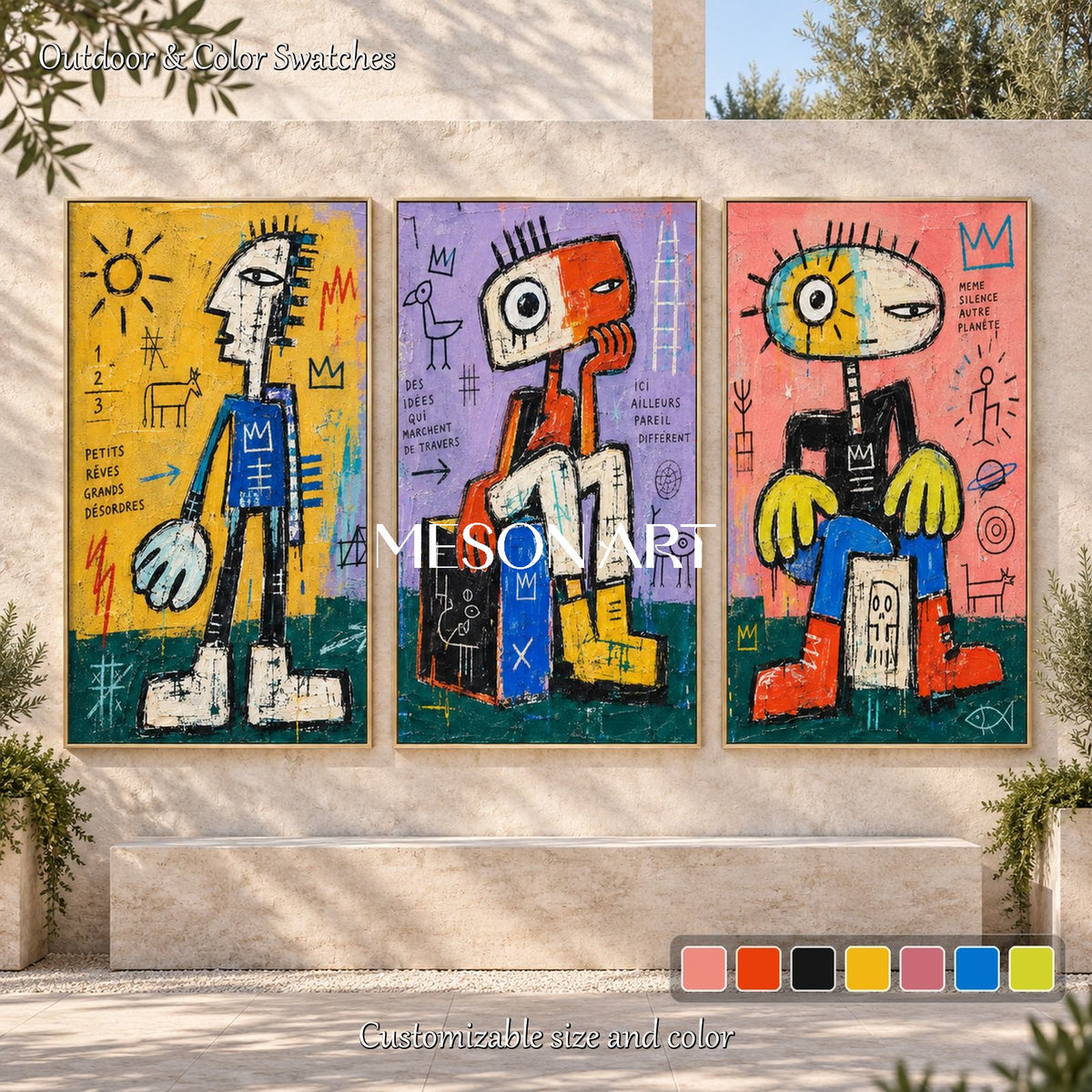 Yellow And Blue Graffiti Art Original Artist Hand Painted Rectangular Wall Decor For Living Room By Mesonart