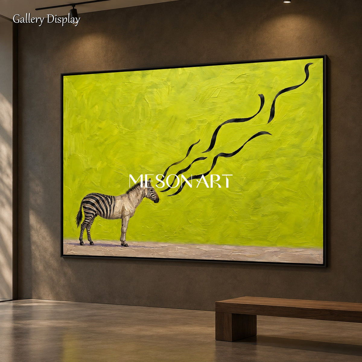 Quadro astratto in stile surrealista con motivi zebrati in verde e nero, opera d’arte da parete rettangolare per il soggiorno, di Mesonart