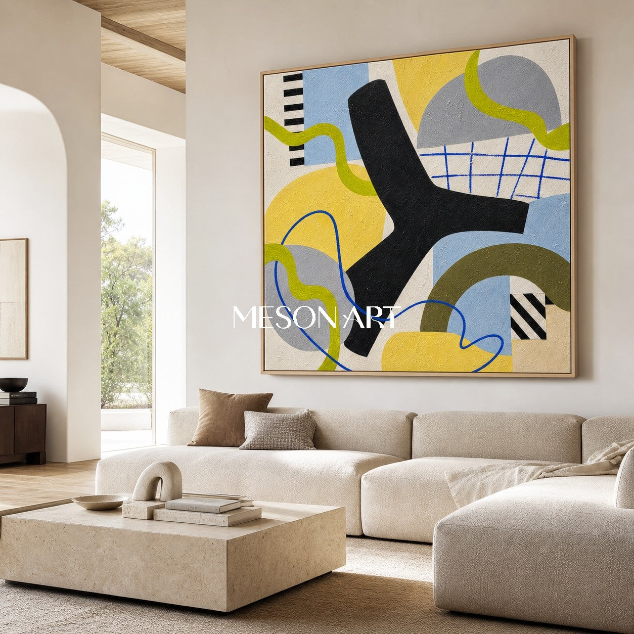 Colorful Abstract Geometric Art With Yellow And Blue For Modern Living Room Decor