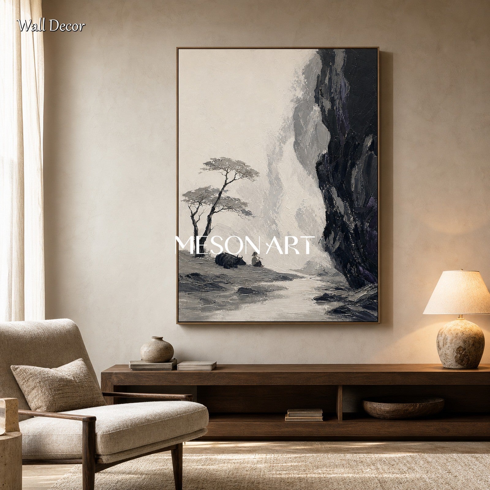 Black And White Landscape Painting With Rich Texture For Modern Home Decor