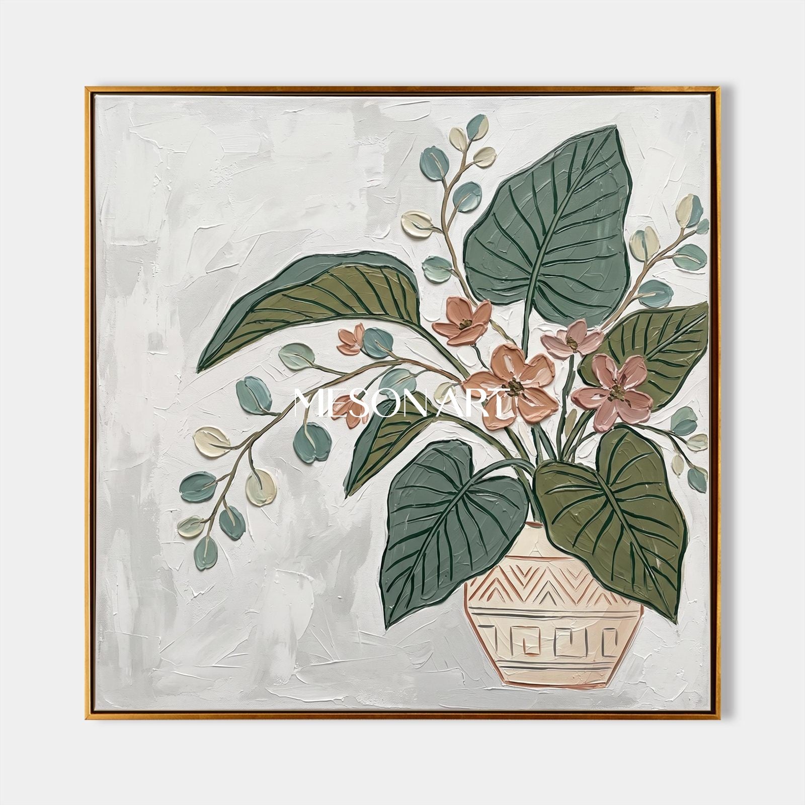 Green And Pink Botanical Floral Painting Modern Textured Square Wall Art Original Artist By Mesonart