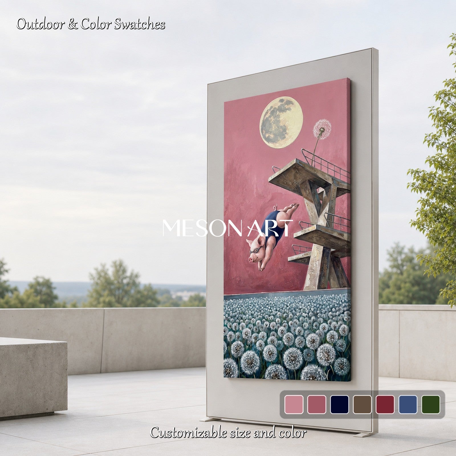 Pink And White Surrealist Painting Of Diver Panoramic Wall Art Original Artist By Mesonart