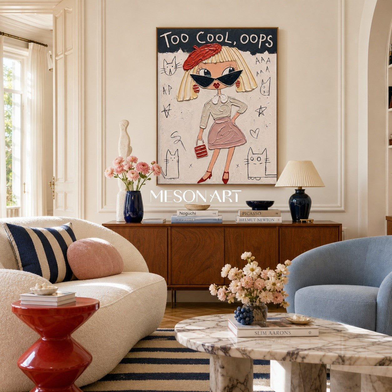 Playful Pop Art Cartoon Girl Painting With Red Beret For Contemporary Bedroom Decor