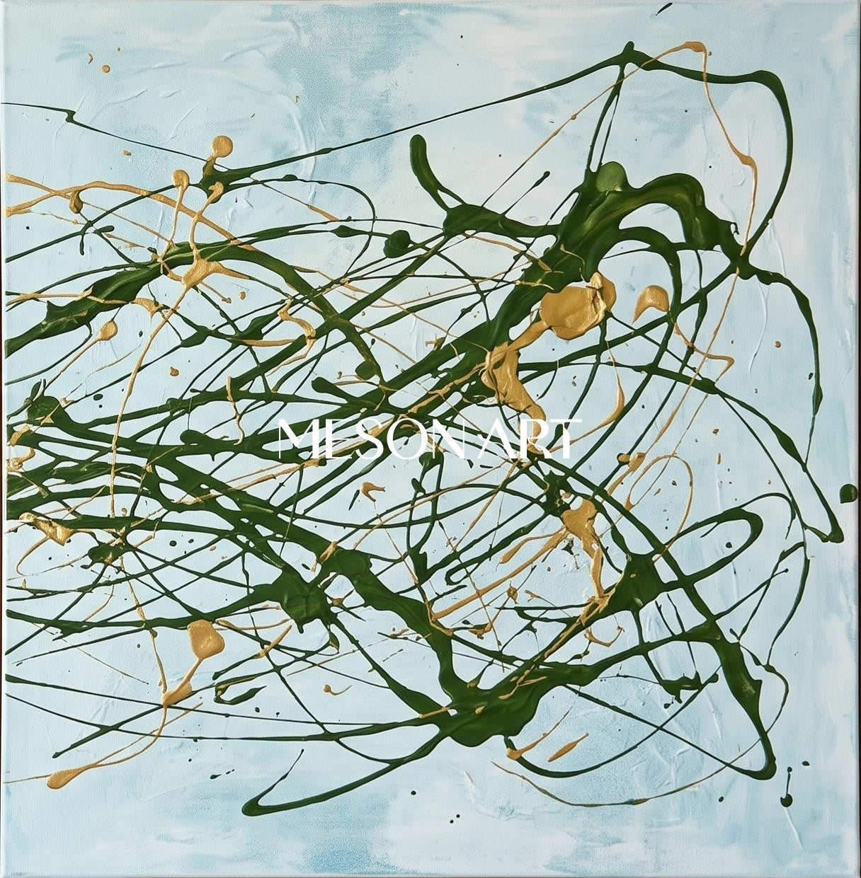 Blue And Green Pollock Style Painting Square Drip Art By Jackson Inspired Contemporary Wall Decor For Living Room By Mesonart