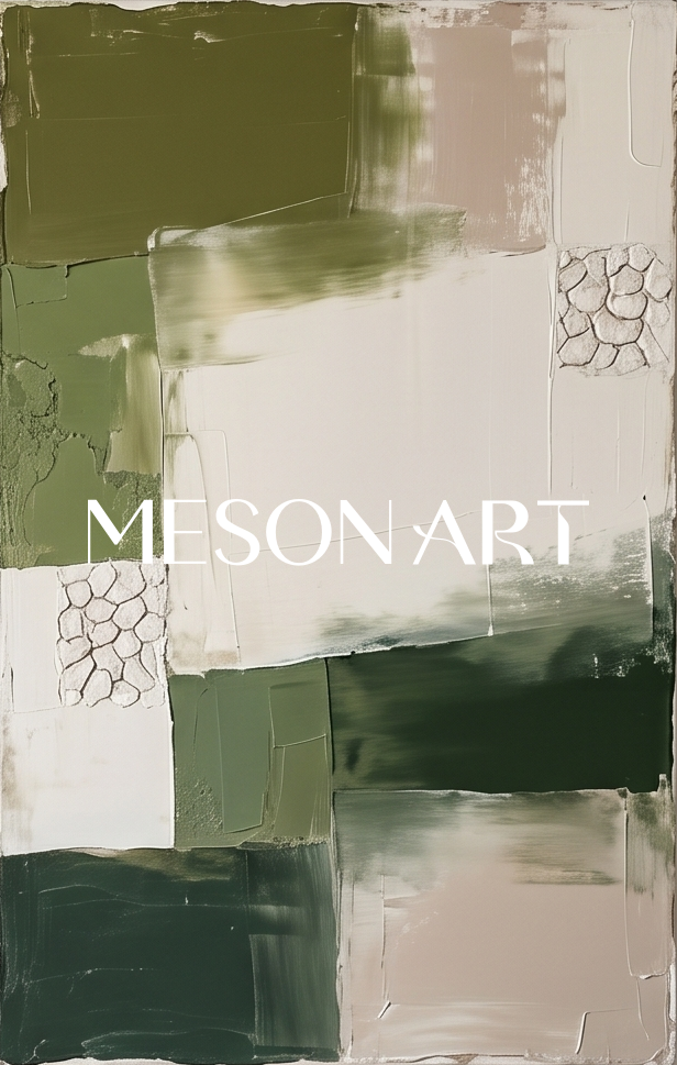 Green And White Abstract Triptych With Textured Relief For Modern Living Room Decor