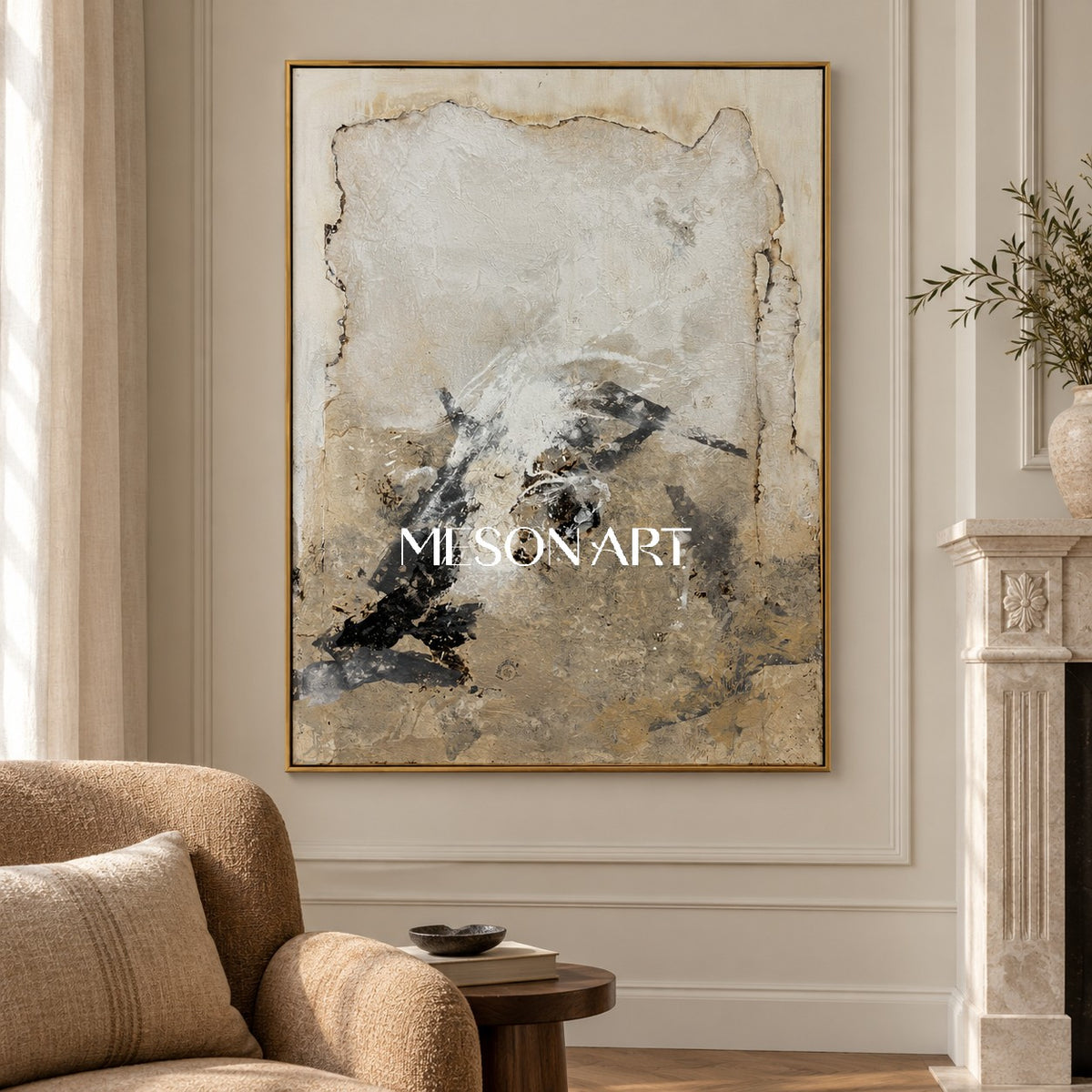 Black And Beige Abstract Art Original Artist Hand Painted Mixed Media Rectangular Wall Art For Living Room By Mesonart